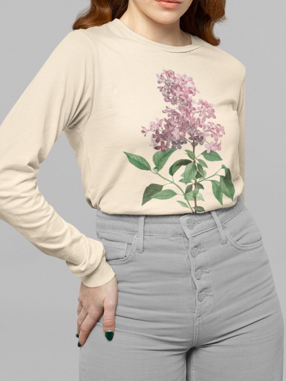 Chinese Lilac Vintage Floral Print Long Sleeve Graphic Tee T-shirt S-XXL